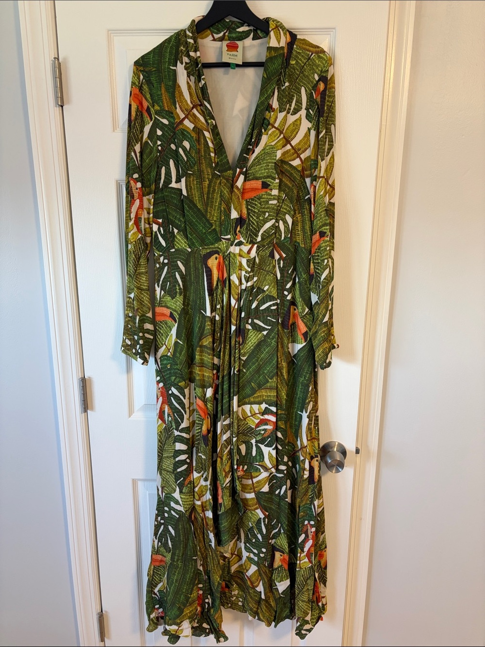 FARM Rio Green Tropical Leaf Maxi Dress with Orange Accents